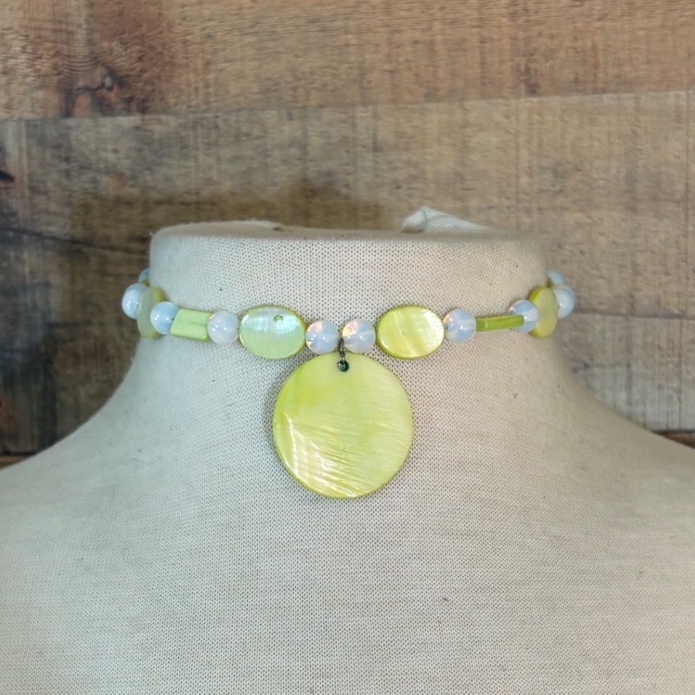 Lime Green Shell Beaded Choker Necklace Opalescent Glass Beads Iridescent